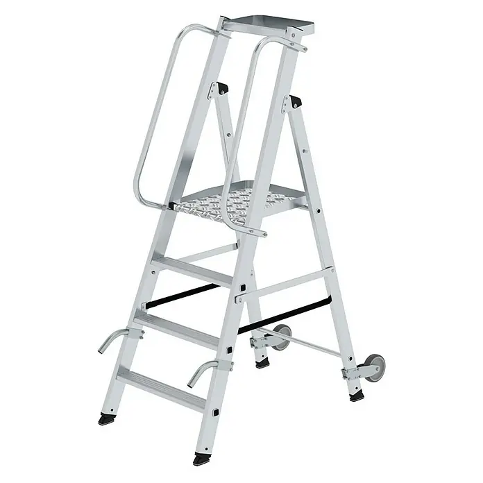 Proregal Stehleiter mit Rollen und Griff - Anzahl Tritte: 4 Stk., Belastbarkeit: 150 kg, Aluminium - Silberne Aluminium-Sicherheitsstehleiter mit Handläufen, rutschfester Plattform und Rollen für leichte Mobilität.