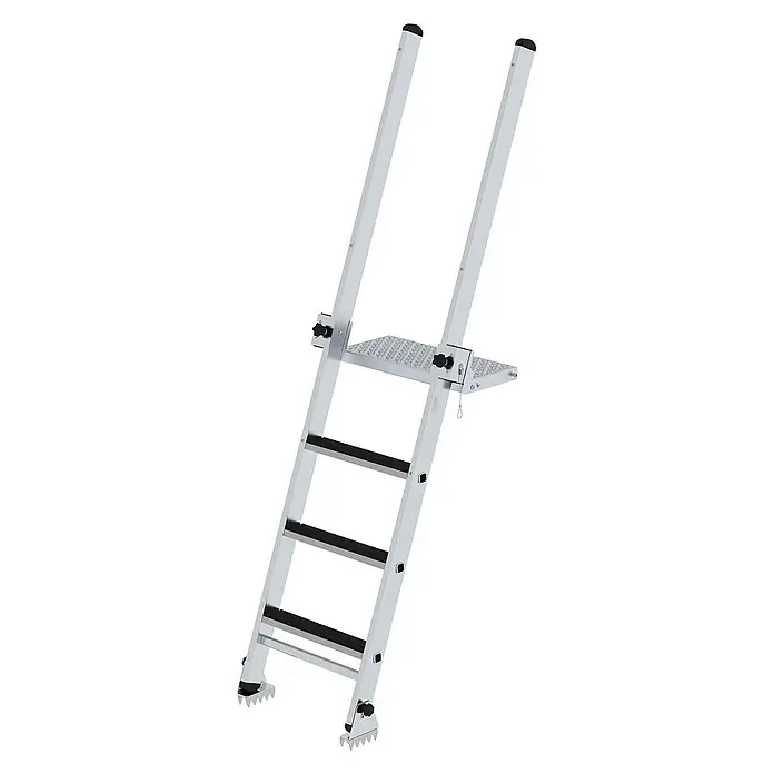 Proregal Anlegeleiter Baugrubenleiter mit 4 Stufen - Anzahl Tritte: 4 Stk., Belastbarkeit: 150 kg, Aluminium - Silberne Aluminiumleiter mit verstellbarer, rutschfester Plattform, rutschfesten Sprossen und verstellbaren Spikesfüßen.
