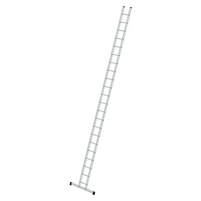 Proregal Anlegeleiter mit Standard-Traverse - Anzahl Tritte: 22 Stk., Arbeitshöhe: 7.500 mm, Belastbarkeit: 150 kg, Aluminium - Lange, silberne Metallleiter mit breiter Stabilisierungsbasis und schwarzen Anti-Rutsch-Füßen.