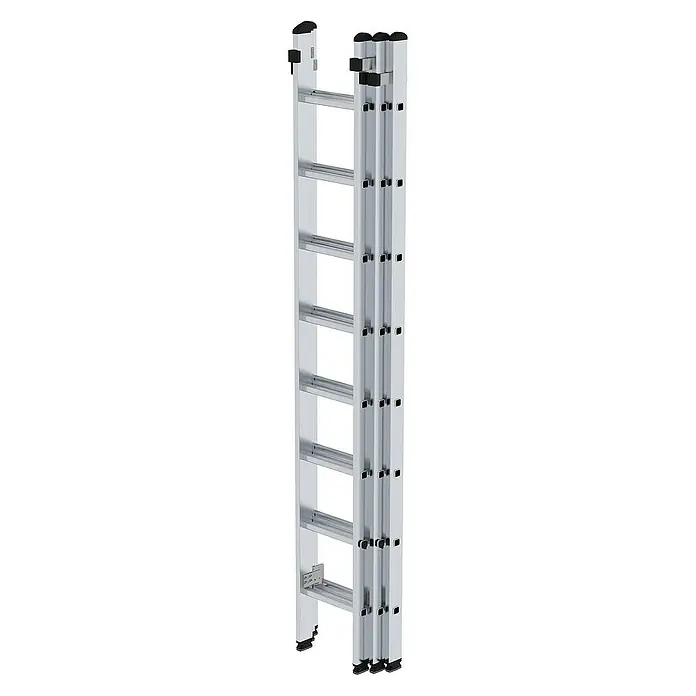 Proregal Schiebeleiter 3-teilig - Anzahl Tritte: 24 Stk., Arbeitshöhe: 6.900 mm, Belastbarkeit: 150 kg, Aluminium - Silberne Aluminium-Teleskopleiter mit schwarzen Anti-Rutsch-Kappen und Verriegelungsmechanismen.