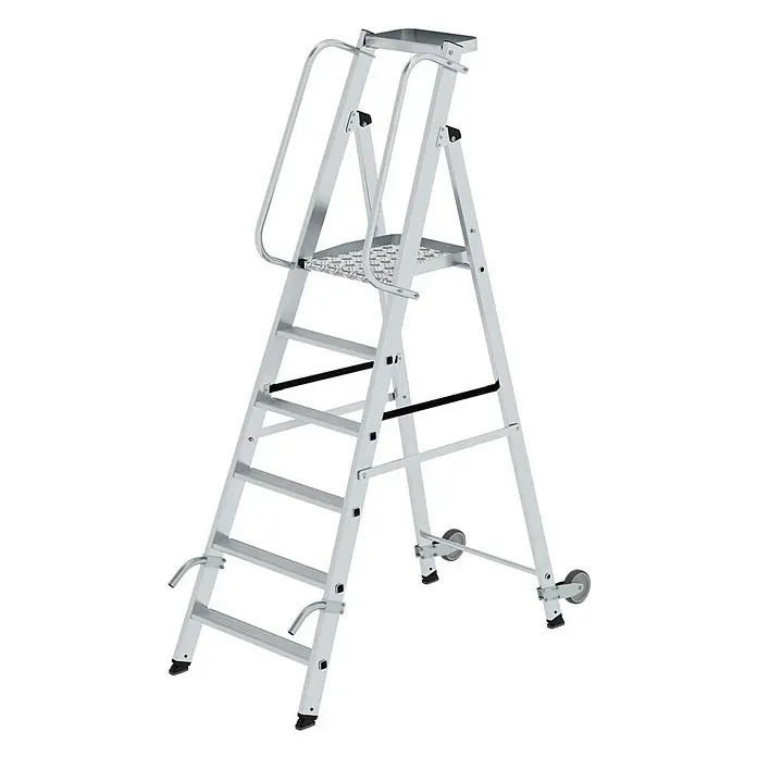 Proregal Stehleiter mit Rollen und Griff - Anzahl Tritte: 6 Stk., Belastbarkeit: 150 kg, Aluminium - Silberne Aluminium-Sicherheitsplattformleiter mit rutschfesten Stufen, Handläufen, einer Arbeitsplattform und Rollen.