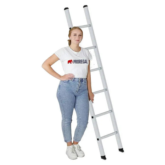 Proregal Anlegeleiter mit 6 Sprossen - Anzahl Tritte: 6 Stk., Arbeitshöhe: 3.000 mm, Belastbarkeit: 150 kg, Aluminium - Hohe silberne Aluminiumleiter mit einer daneben stehenden Frau zur Größenveranschaulichung.