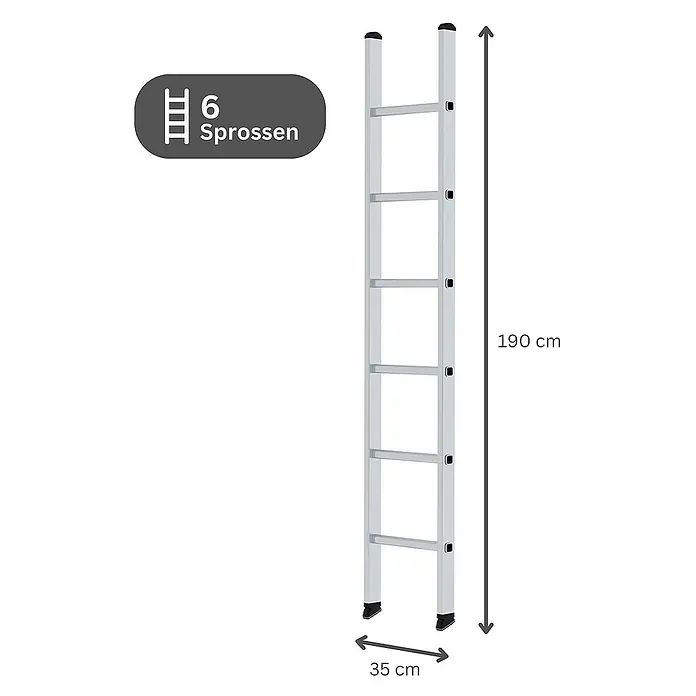 Proregal Anlegeleiter mit 6 Sprossen - Anzahl Tritte: 6 Stk., Arbeitshöhe: 3.000 mm, Belastbarkeit: 150 kg, Aluminium - Helle Aluminiumleiter mit 6 Sprossen, 190 cm hoch und 35 cm breit.