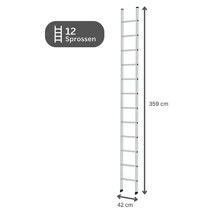 Proregal Anlegeleiter mit 12 Sprossen - Anzahl Tritte: 12 Stk., Arbeitshöhe: 4.700 mm, Belastbarkeit: 150 kg, Aluminium - Silberne Leiter mit 12 Sprossen, 359 cm hoch und 42 cm breit.