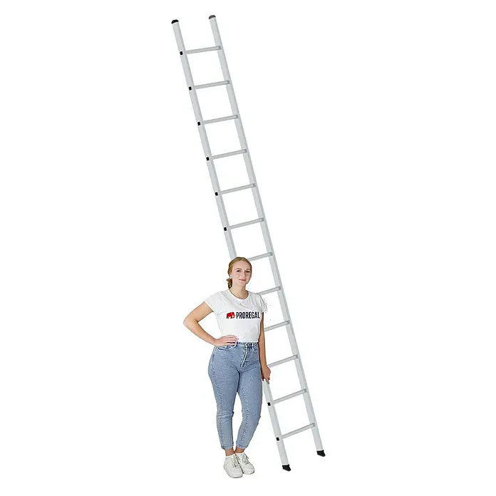 Proregal Anlegeleiter mit 12 Sprossen - Anzahl Tritte: 12 Stk., Arbeitshöhe: 4.700 mm, Belastbarkeit: 150 kg, Aluminium - Hohe, silberne Leiter neben einer Frau, die ihre beeindruckende Höhe veranschaulicht.