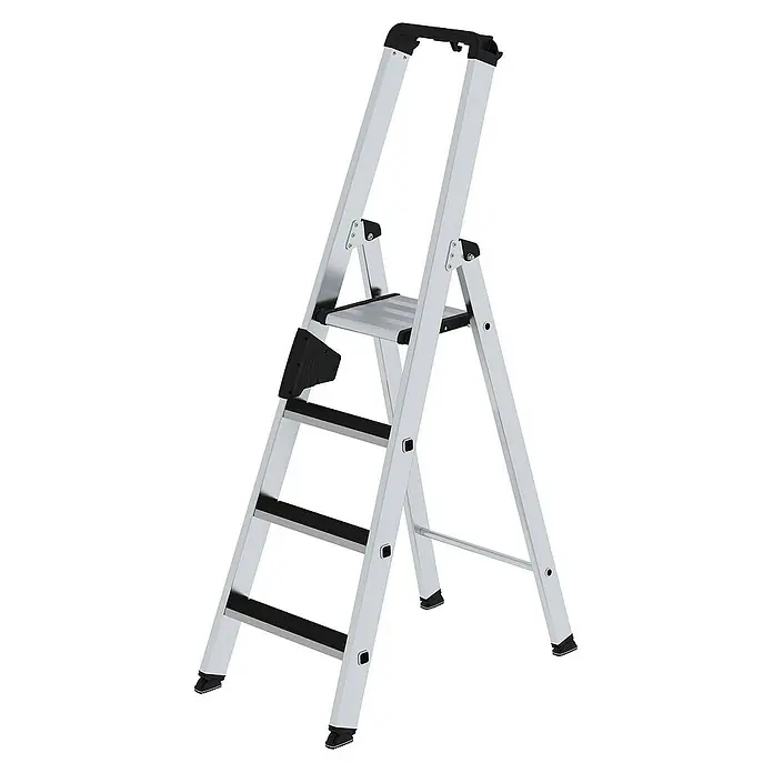 Proregal Stehleiter einseitig begehbar - Anzahl Tritte: 4 Stk., Arbeitshöhe: 2.950 mm, Belastbarkeit: 150 kg, Aluminium - Silberne Aluminium-Klappleiter mit schwarzen Anti-Rutsch-Stufen.