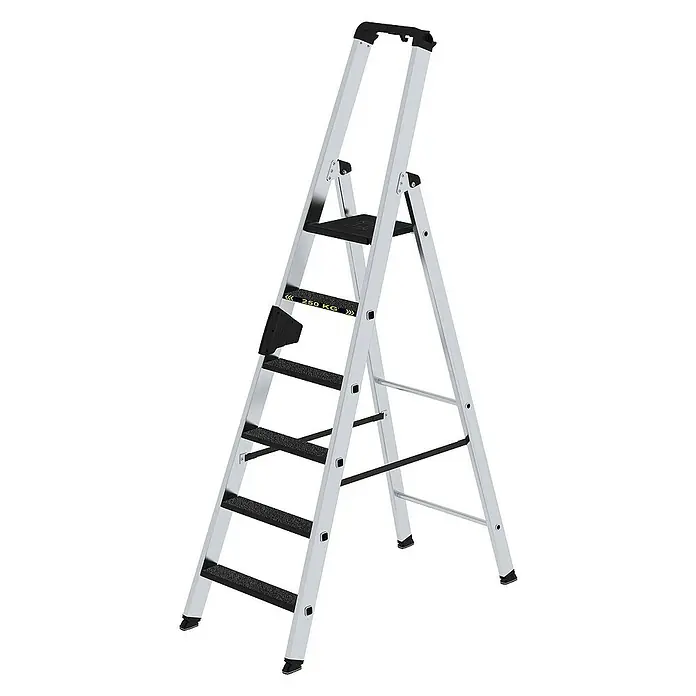 Proregal Stehleiter mit 6 Stufen - Anzahl Tritte: 6 Stk., Arbeitshöhe: 3.400 mm, Belastbarkeit: 250 kg, Aluminium - Silberne Aluminium-Klappleiter mit schwarzen, rutschfesten Stufen, Griff und 250 kg Tragkraft.