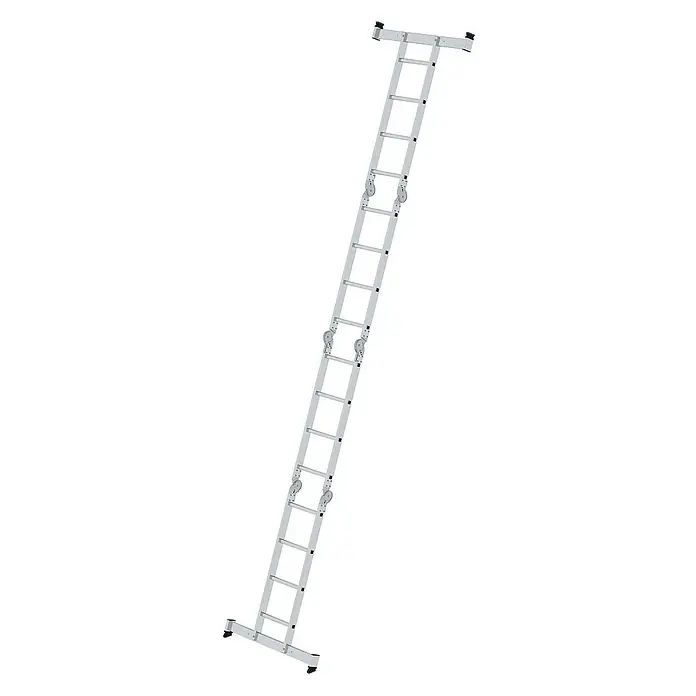 Proregal Mehrzweckleiter 4-teilig - Anzahl Tritte: 16 Stk., Arbeitshöhe: 5.850 mm, Belastbarkeit: 150 kg, Aluminium - Silberne Aluminium-Ausziehleiter mit breiten Stabilisatoren oben und unten sowie Auszugrollen.