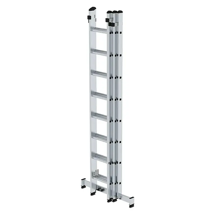 Proregal Schiebeleiter 3-teilig - Anzahl Tritte: 36 Stk., Arbeitshöhe: 9.700 mm, Belastbarkeit: 150 kg, Aluminium - Silberne Aluminium-Teleskop-Mehrzweckleiter mit schwarzen Füßen und Kappen, teilweise zusammengeklappt dargestellt.