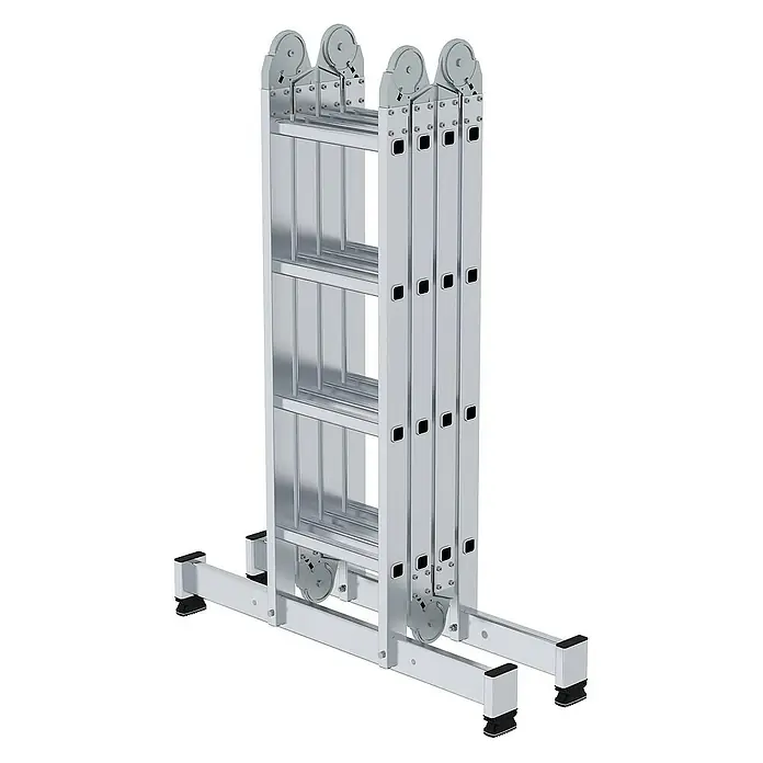Proregal Mehrzweckleiter 4-teilig - Anzahl Tritte: 16 Stk., Arbeitshöhe: 5.850 mm, Belastbarkeit: 150 kg, Aluminium - Silberne Aluminium-Klappleiter mit Stabilisierungsstangen.