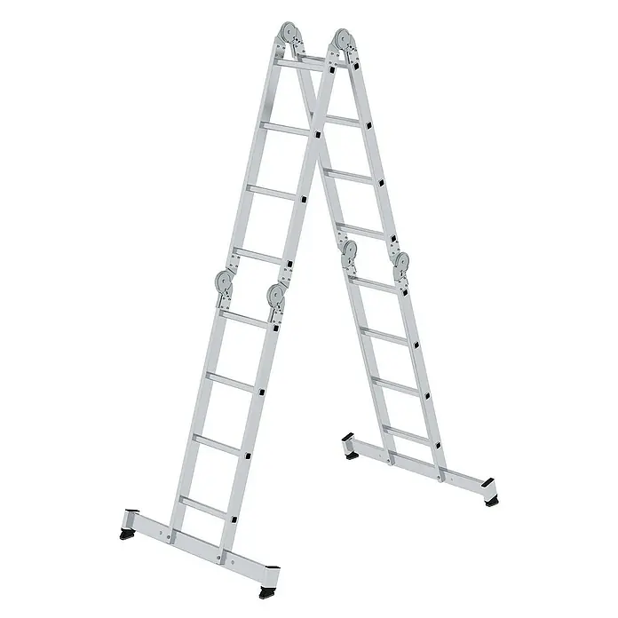 Proregal Mehrzweckleiter 4-teilig - Anzahl Tritte: 16 Stk., Arbeitshöhe: 5.850 mm, Belastbarkeit: 150 kg, Aluminium - Silberne Aluminium-Gelenkleiter in A-Form.