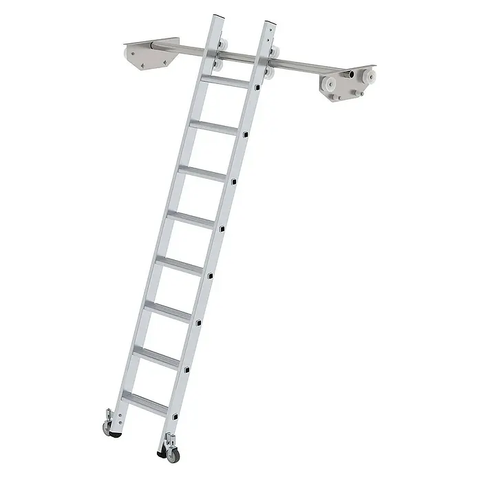 Proregal Anlegeleiter Regalleiter fahrbar - Anzahl Tritte: 8 Stk., Arbeitshöhe: 3.120 mm, Belastbarkeit: 150 kg, Aluminium - Silberne Aluminium-Schiebeleiter mit oberem Schienensystem und Rollen unten für leichte Bewegung.