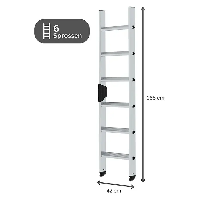 Proregal Anlegeleiter mit 6 Stufen - Anzahl Tritte: 6 Stk., Arbeitshöhe: 2.800 mm, Belastbarkeit: 150 kg, Aluminium - Silberne Aluminiumleiter mit 6 Sprossen, 165 cm hoch und 42 cm breit.