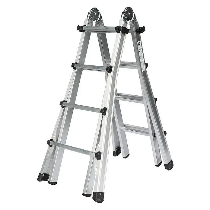 Proregal Teleskopleiter 4-teilig - Anzahl Tritte: 16 Stk., Arbeitshöhe: 5.300 mm, Belastbarkeit: 150 kg, Aluminium - Silberne Aluminium-Gelenkleiter in A-Form mit schwarzen Kunststoffscharnieren und Füßen.