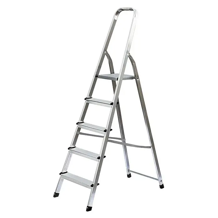 Proregal Stehleiter einseitig begehbar - Anzahl Tritte: 5 Stk., Arbeitshöhe: 3.100 mm, Belastbarkeit: 150 kg, Aluminium - Silberne Aluminium-Stehleiter mit 5 Stufen und einer Plattform, für erhöhte Zugänglichkeit.