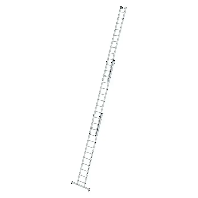 Proregal Mehrzweckleiter 3-teilig - Anzahl Tritte: 36 Stk., Arbeitshöhe: 9.700 mm, Belastbarkeit: 150 kg, Aluminium - Silberne Aluminium-Ausziehleiter mit mehreren Segmenten und breitem Standfuß.
