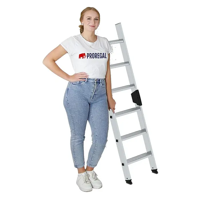 Proregal Anlegeleiter mit 6 Stufen - Anzahl Tritte: 6 Stk., Arbeitshöhe: 2.800 mm, Belastbarkeit: 150 kg, Aluminium - Eine Frau steht neben einer silbernen Aluminium-Klappleiter mit schwarzen Akzenten, um deren Höhe und Nutzung zu zeigen.