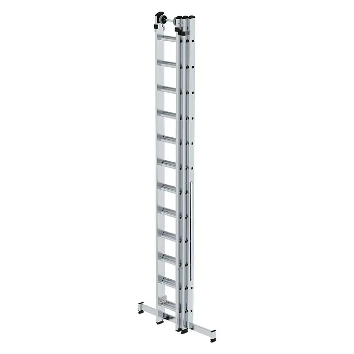 Proregal Mehrzweckleiter 3-teilig - Anzahl Tritte: 36 Stk., Arbeitshöhe: 9.700 mm, Belastbarkeit: 150 kg, Aluminium - Silberne dreiteilige Aluminium-Schiebeleiter mit breiter Stabilisatorbasis und oberer Rolle zur einfachen Verlängerung.