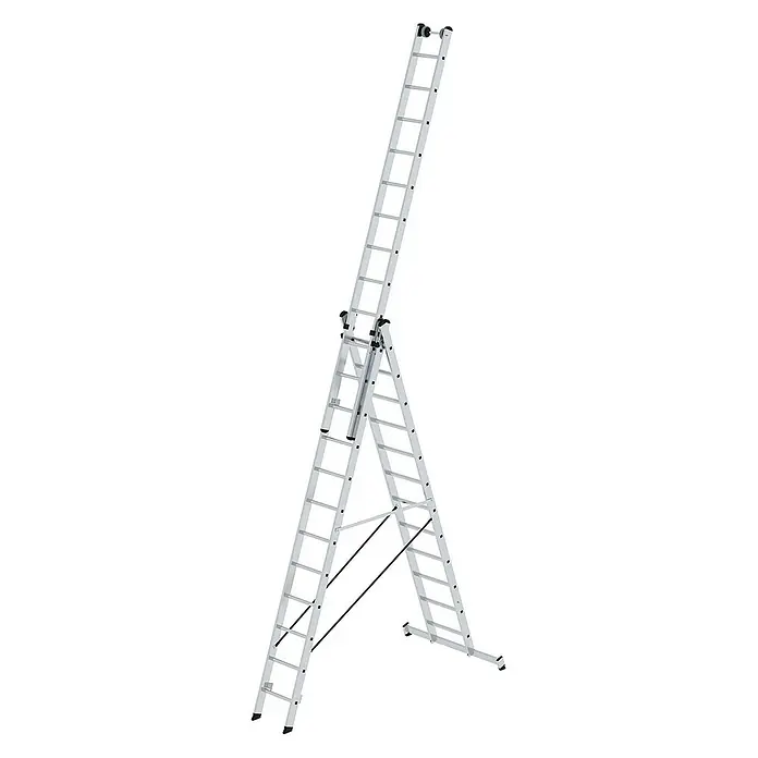 Proregal Mehrzweckleiter 3-teilig - Anzahl Tritte: 36 Stk., Arbeitshöhe: 9.700 mm, Belastbarkeit: 150 kg, Aluminium - Silberne Aluminium-Mehrzweckleiter in A-Rahmen-Konfiguration mit einem ausgefahrenen dritten Abschnitt.