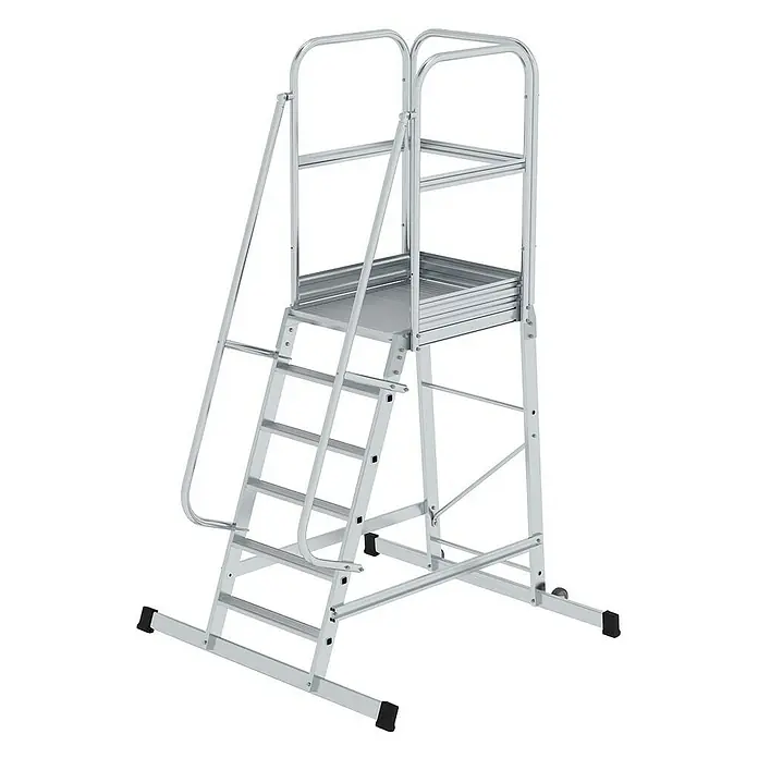 Proregal Stehleiter Plattformleiter mit Rollen - Anzahl Tritte: 6 Stk., Arbeitshöhe: 3.450 mm, Belastbarkeit: 150 kg, Aluminium - Silberne Aluminium-Arbeitsplattform mit Stufen, Handläufen und stabiler Basis für erhöhten Zugang.