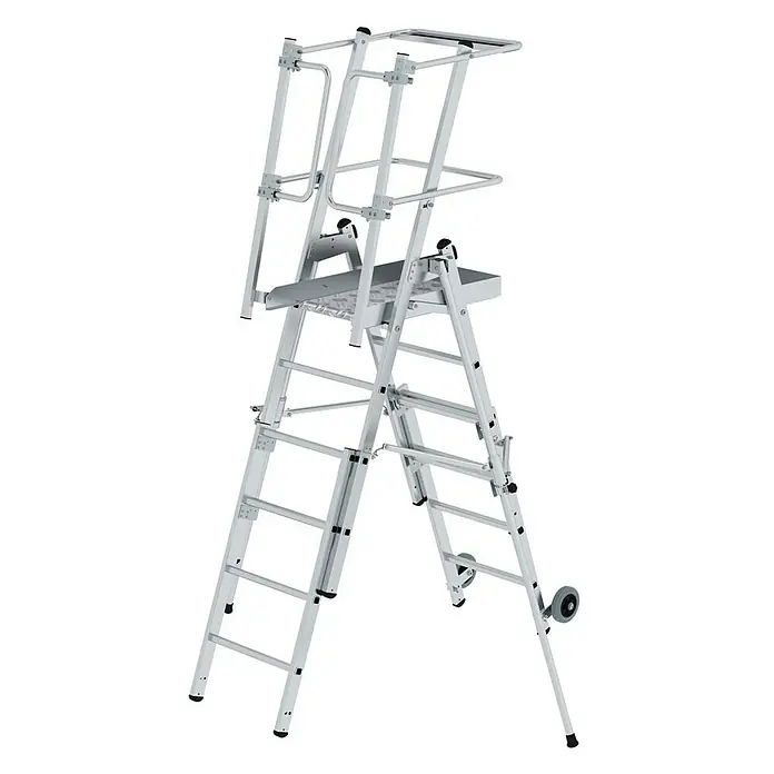 Proregal Stehleiter Plattformleiter Flexstep - Anzahl Tritte: 4 Stk., Belastbarkeit: 150 kg, Aluminium - Silberne Aluminium-Mehrzweckleiter mit breiter Standplattform, integrierten Sicherheitsgeländern und Rollen für sicheren Höhenzugang.