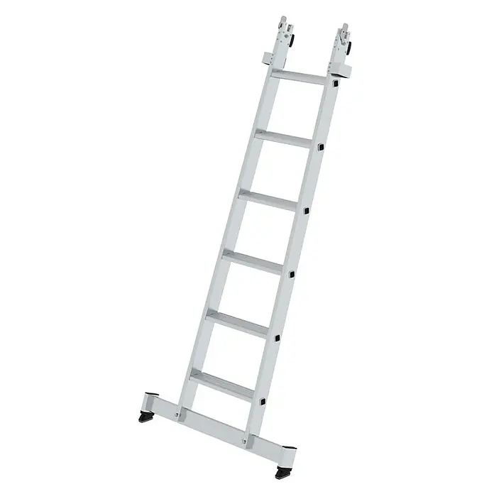Proregal Anlegeleiter Glasreinigerleiter mit nivello®-Traverse - Anzahl Tritte: 6 Stk., Belastbarkeit: 120 kg, Aluminium - Silberfarbene Aluminium-Mehrzweckleiter mit breitem Stabilisator und oberen Haken.