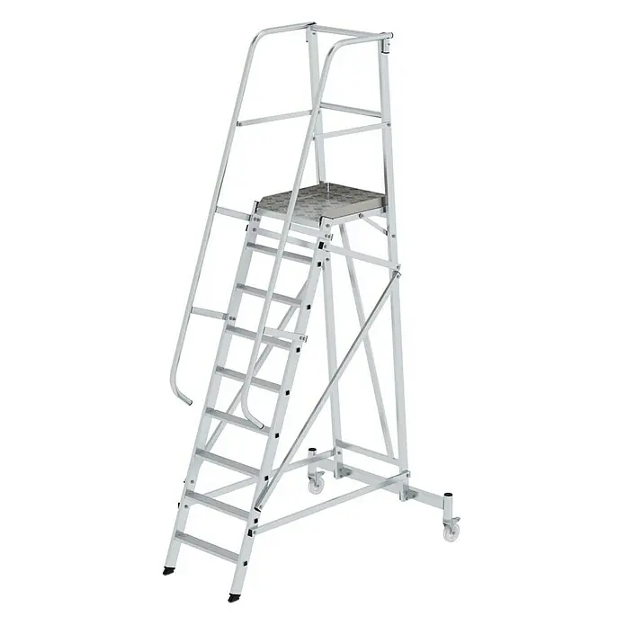 Proregal Stehleiter Plattformleiter fahrbar - Anzahl Tritte: 9 Stk., Arbeitshöhe: 4.100 mm, Belastbarkeit: 150 kg, Aluminium - Mobile Arbeitsplattform aus silbernem Aluminium mit Stufen, Geländer und Rollen für sicheren Höhenzugang.