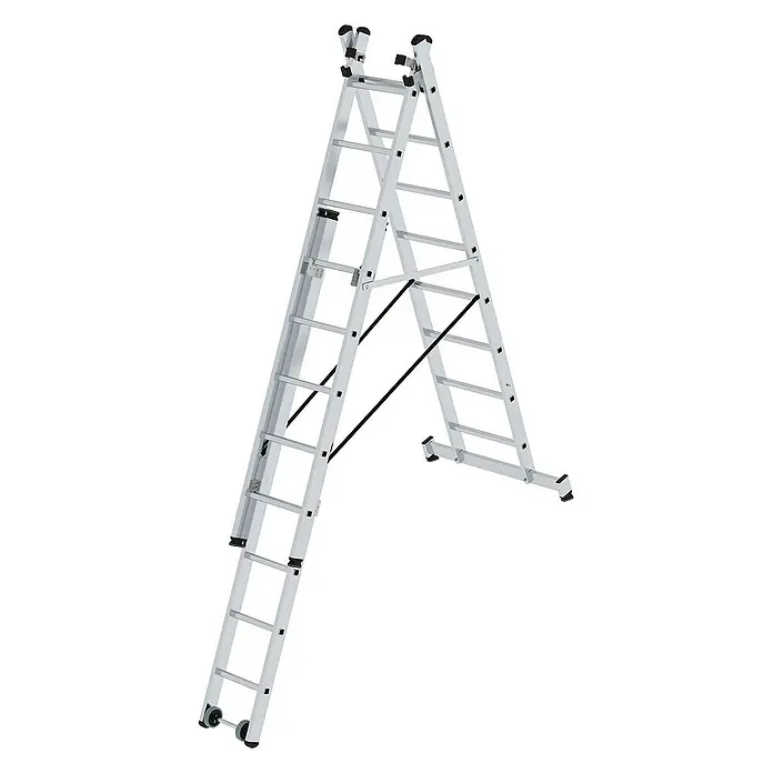 Proregal Mehrzweckleiter 3-teilig - Anzahl Tritte: 24 Stk., Arbeitshöhe: 6.900 mm, Belastbarkeit: 150 kg, Aluminium - Silberne Aluminium-Mehrzweckleiter in A-Form, mit Teleskopsektionen und Rollen.