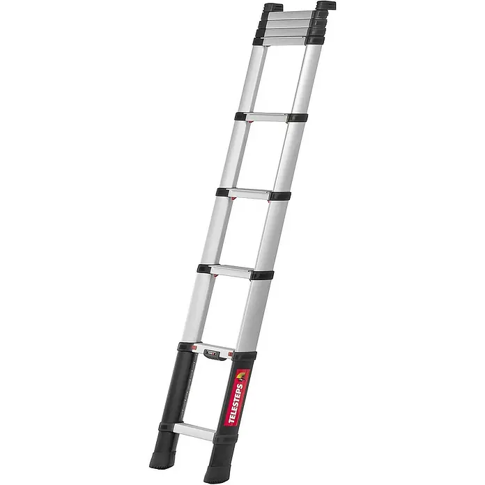 Proregal Teleskopleiter 9-Stufen - Anzahl Tritte: 9 Stk., Arbeitshöhe: 3.800 mm, Belastbarkeit: 150 kg, Aluminium - Silberne Aluminium-Teleskopleiter mit schwarzen Sprossen und rotem Logo, bereit zum Ausfahren.