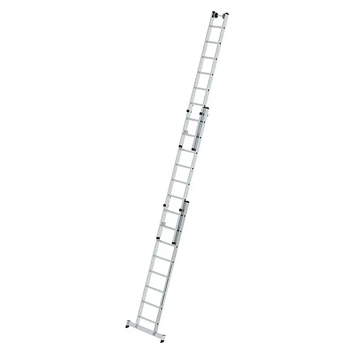 Proregal Mehrzweckleiter 3-teilig - Anzahl Tritte: 24 Stk., Arbeitshöhe: 6.900 mm, Belastbarkeit: 150 kg, Aluminium - Silberne Aluminium-Ausziehleiter mit breitem Standfuß und oberen Rollen, voll ausgefahren.