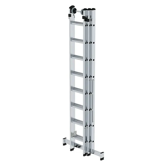 Proregal Mehrzweckleiter 3-teilig - Anzahl Tritte: 24 Stk., Arbeitshöhe: 6.900 mm, Belastbarkeit: 150 kg, Aluminium - Silberne Aluminium-Mehrfach-Ausziehleiter mit Rollen oben und breiter Standleiste unten.