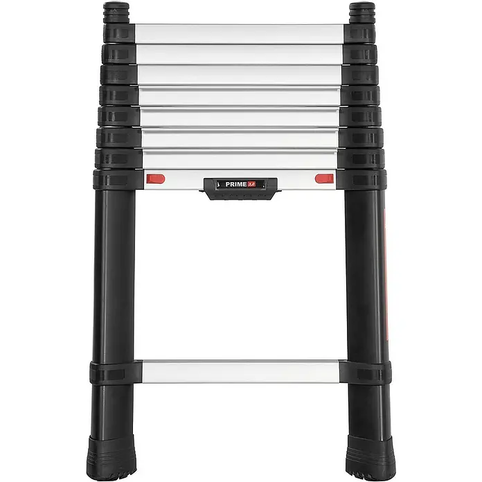 Proregal Teleskopleiter 9-Stufen - Anzahl Tritte: 9 Stk., Arbeitshöhe: 3.800 mm, Belastbarkeit: 150 kg, Aluminium - Zusammengeklappte silberne und schwarze Teleskopleiter mit mehreren Sprossen und stabilen schwarzen Füßen für kompakte Lagerung.