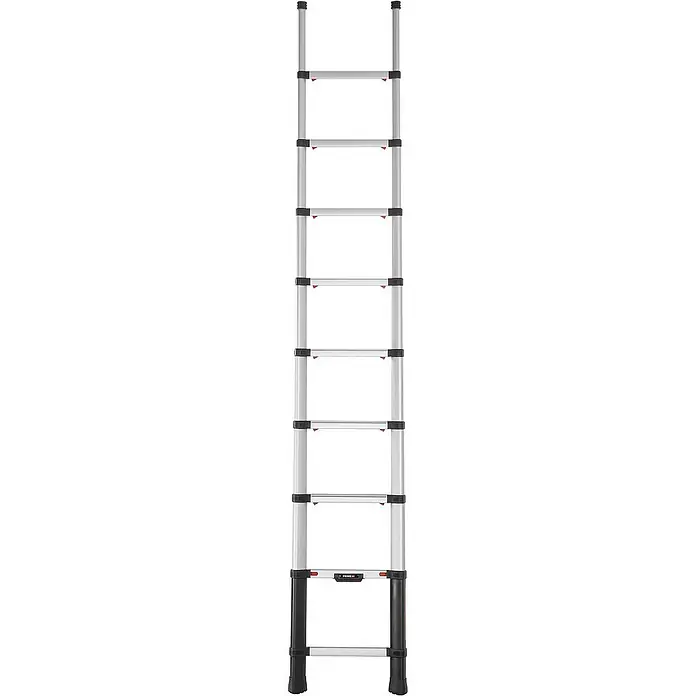 Proregal Teleskopleiter 9-Stufen - Anzahl Tritte: 9 Stk., Arbeitshöhe: 3.800 mm, Belastbarkeit: 150 kg, Aluminium - Silber-schwarze Teleskopleiter, ausgefahren, mit breiten Sprossen und robusten schwarzen Fußteilen.