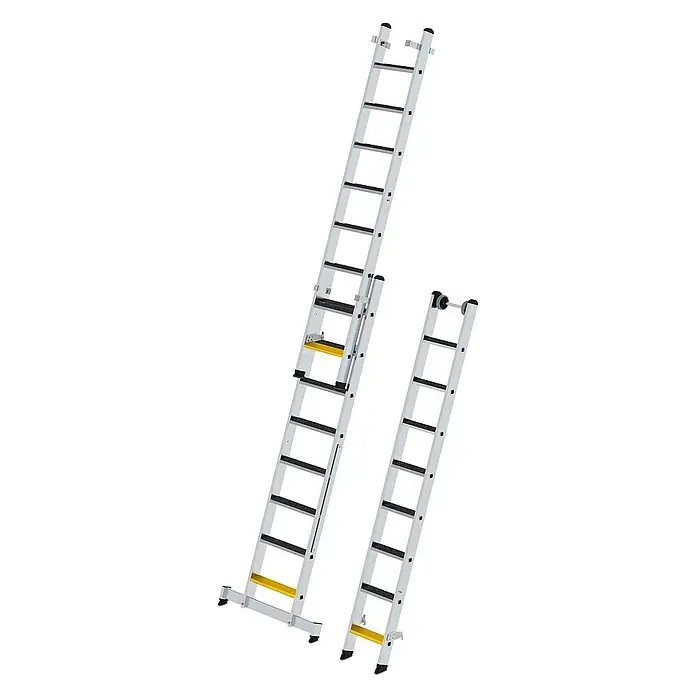 Proregal Mehrzweckleiter 3-teilig - Anzahl Tritte: 24 Stk., Arbeitshöhe: 6.900 mm, Belastbarkeit: 150 kg, Aluminium - Zwei silbergraue Aluminium-Ausziehleitern mit schwarzen Sprossen und gelben Akzenten, eine ausgefahren mit Stabilisator.