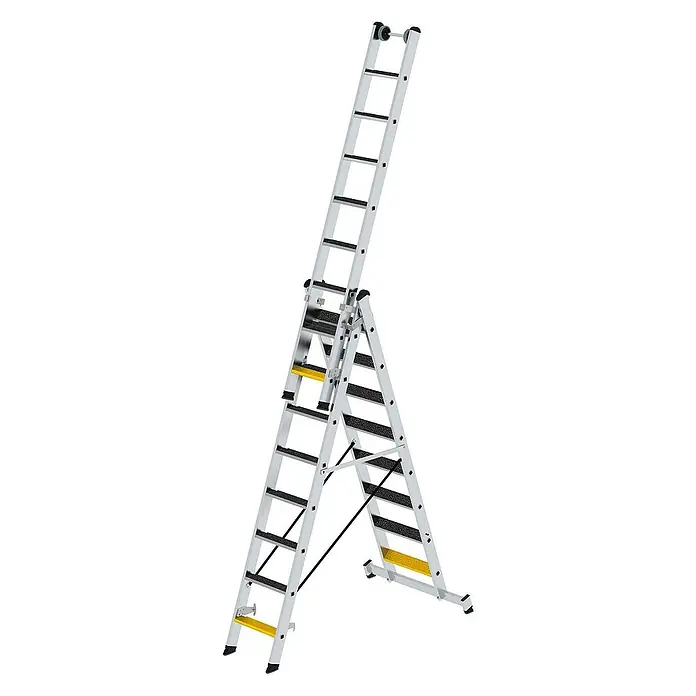 Proregal Mehrzweckleiter 3-teilig - Anzahl Tritte: 24 Stk., Arbeitshöhe: 6.900 mm, Belastbarkeit: 150 kg, Aluminium - Silberne Aluminium-Mehrzweckleiter mit schwarzen rutschfesten Tritten und gelben Akzenten, als Steh- und Anlegeleiter konfiguriert.