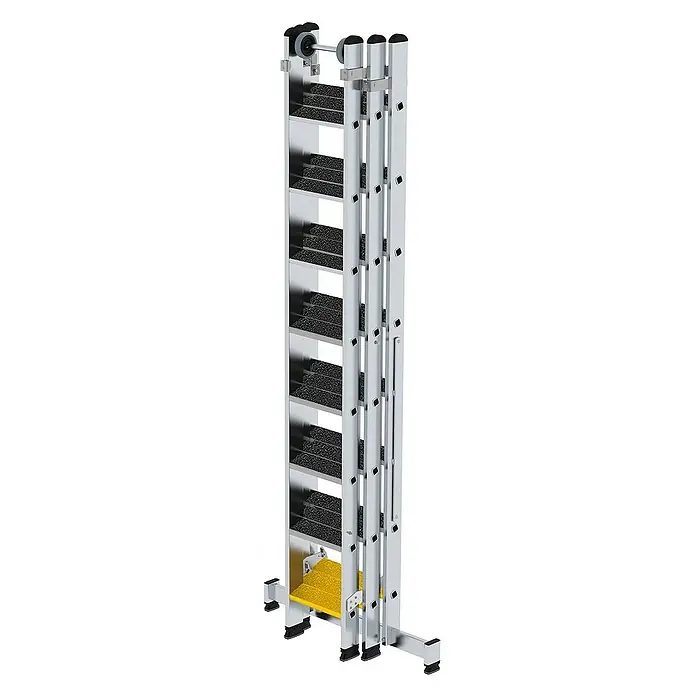 Proregal Mehrzweckleiter 3-teilig - Anzahl Tritte: 24 Stk., Arbeitshöhe: 6.900 mm, Belastbarkeit: 150 kg, Aluminium - Silberne Aluminium-Mehrzweckleiter mit breiten schwarzen Anti-Rutsch-Stufen, einer gelben Plattform, Rollen und stabilisierenden Füßen.