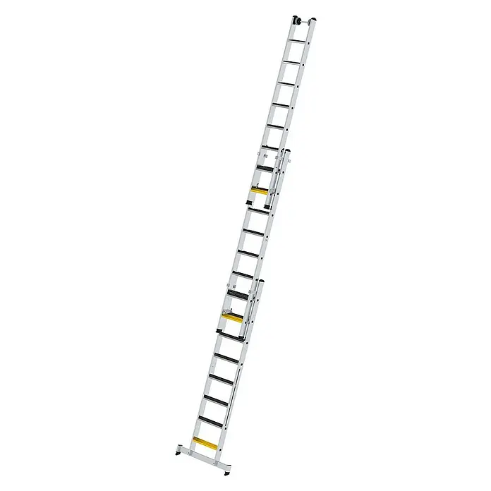 Proregal Mehrzweckleiter 3-teilig - Anzahl Tritte: 24 Stk., Arbeitshöhe: 6.900 mm, Belastbarkeit: 150 kg, Aluminium - Ausziehbare Aluminiumleiter in Silber mit schwarzen Sprossen und gelben Stabilisierungselementen.