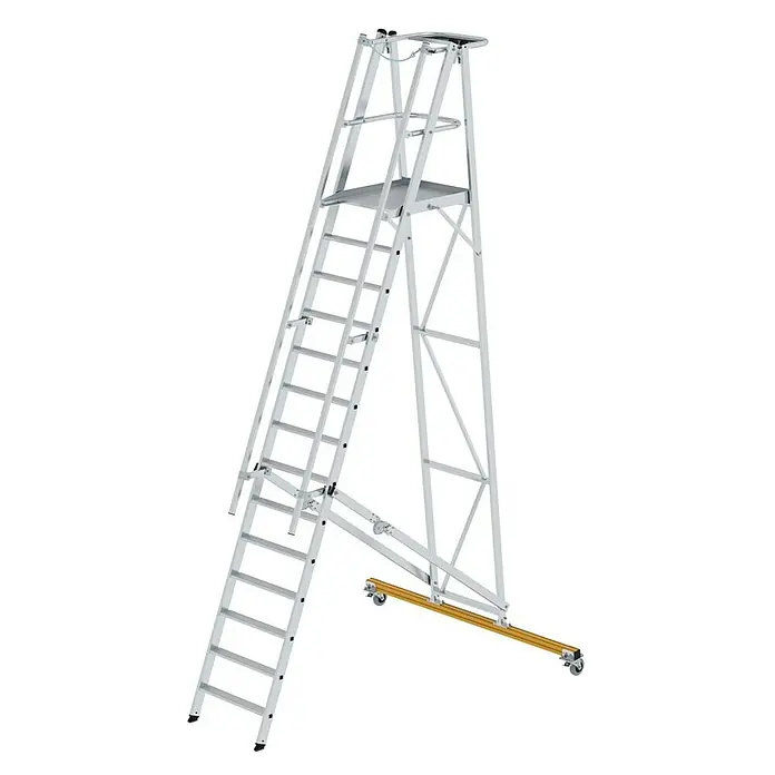 Proregal Stehleiter Plattformleiter klappbar und fahrbar - Anzahl Tritte: 14 Stk., Arbeitshöhe: 5.250 mm, Belastbarkeit: 150 kg, Aluminium - Mobile Aluminium-Arbeitsplattform mit großer rutschfester Stehfläche, schräger Leiter und Rollenunterbau.