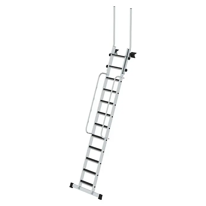 Proregal Anlegeleiter Geschossleiter mit 12 Stufen - Anzahl Tritte: 12 Stk., Belastbarkeit: 150 kg, Aluminium - Silberne Aluminium-Zugangsleiter mit schwarzen Anti-Rutsch-Stufen und Handlauf.