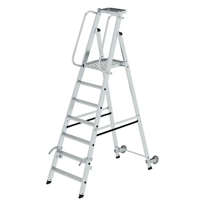 Proregal Stehleiter mit Rollen und Griff - Anzahl Tritte: 7 Stk., Belastbarkeit: 150 kg, Aluminium - Silberne Aluminium-Podestleiter mit Sicherheitsgeländer, breiter Plattform und Rollen für Mobilität.