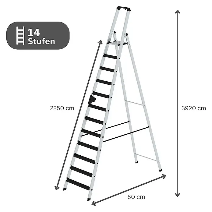 Proregal Stehleiter einseitig begehbar - Anzahl Tritte: 14 Stk., Arbeitshöhe: 5.300 mm, Belastbarkeit: 150 kg, Aluminium - Silberne Klappleiter mit 14 schwarzen Stufen, Gesamthöhe 3920 cm.