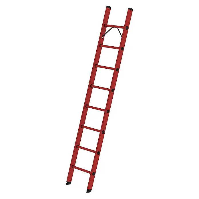 Proregal Anlegeleiter mit 8 Sprossen - Anzahl Tritte: 8 Stk., Arbeitshöhe: 3.600 mm, Belastbarkeit: 150 kg, Kunststoff - Rote Anlegeleiter mit schwarzen Sprossen und rutschfesten Füßen.