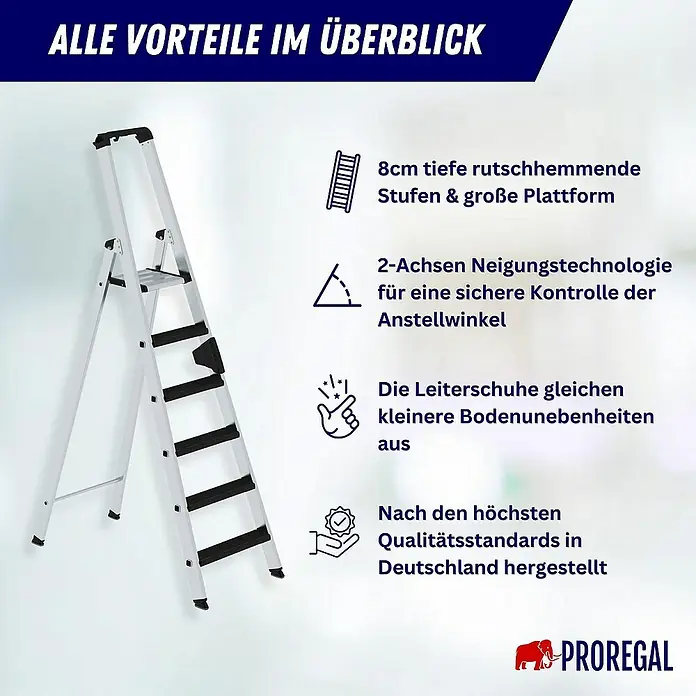 Proregal Stehleiter einseitig begehbar - Anzahl Tritte: 14 Stk., Arbeitshöhe: 5.300 mm, Belastbarkeit: 150 kg, Aluminium - Weißer Alu-Klapptritt mit schwarzen, rutschhemmenden Stufen, großer Plattform und Nivellierfüßen, hergestellt in Deutschland.