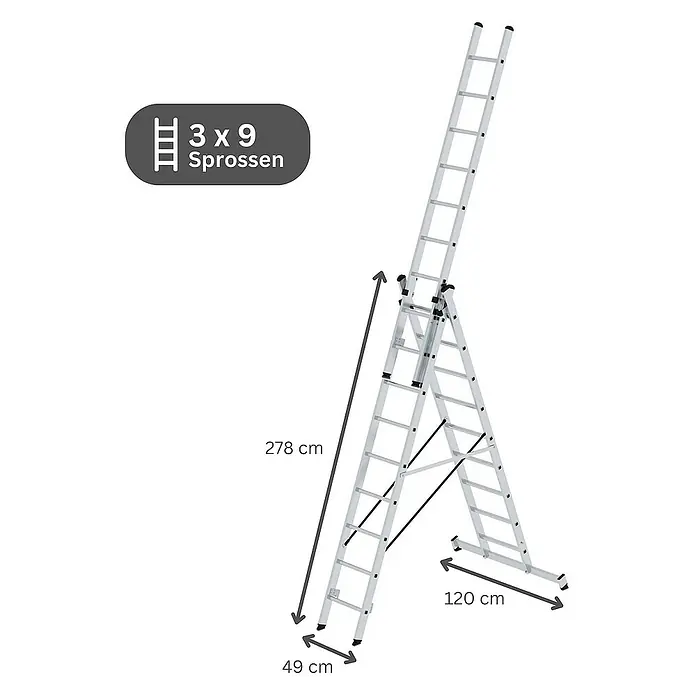 Proregal Mehrzweckleiter 3-teilig - Anzahl Tritte: 27 Stk., Arbeitshöhe: 7.800 mm, Belastbarkeit: 150 kg, Aluminium - Silberne Aluminium-Mehrzweckleiter, 3x9 Sprossen, als Stehleiter mit ausgefahrenem Oberteil aufgebaut. 278 cm hoch, 49 cm Basis, 120 cm Spreizung.