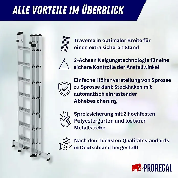 Proregal Mehrzweckleiter 3-teilig - Anzahl Tritte: 27 Stk., Arbeitshöhe: 7.800 mm, Belastbarkeit: 150 kg, Aluminium - Silberne Aluminium-Mehrzweckleiter aufrecht stehend, mit einer Liste ihrer Hauptmerkmale und Vorteile daneben.