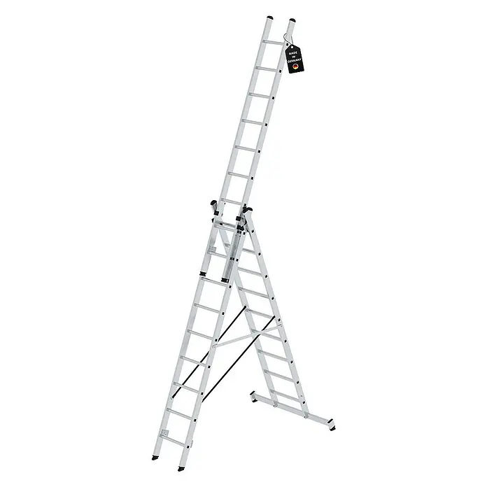 Proregal Mehrzweckleiter 3-teilig - Anzahl Tritte: 27 Stk., Arbeitshöhe: 7.800 mm, Belastbarkeit: 150 kg, Aluminium - Silberne Aluminium-Kombileiter im A-Aufbau mit ausgefahrenem Teil, mit "Made in Germany"-Etikett.