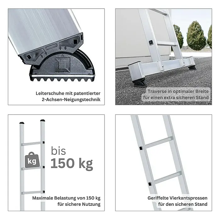 Proregal Mehrzweckleiter 3-teilig - Anzahl Tritte: 27 Stk., Arbeitshöhe: 7.800 mm, Belastbarkeit: 150 kg, Aluminium - Aluminiumleiter mit patentierten 2-Achsen-Neigungsfüßen, breiter Traverse, 150 kg Tragfähigkeit und geriffelten Vierkantsprossen für sicheren Gebrauch.