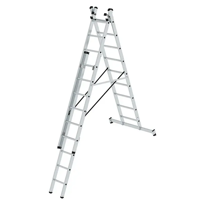 Proregal Mehrzweckleiter 3-teilig - Anzahl Tritte: 27 Stk., Arbeitshöhe: 7.800 mm, Belastbarkeit: 150 kg, Aluminium - Silberne Aluminium-Mehrzweckleiter in A-Form mit schwarzen Fußkappen und Stabilisierungsstangen.