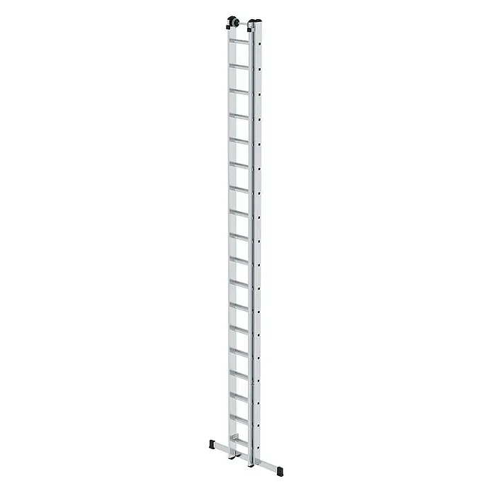 Proregal Schiebeleiter 2-teilig - Anzahl Tritte: 36 Stk., Arbeitshöhe: 10.300 mm, Belastbarkeit: 150 kg, Aluminium - Silberne Aluminium-Ausziehleiter mit breiter Standtraverse am Fuß und Rollen oben.