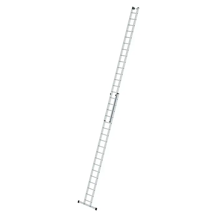 Proregal Schiebeleiter 2-teilig - Anzahl Tritte: 36 Stk., Arbeitshöhe: 10.300 mm, Belastbarkeit: 150 kg, Aluminium - Vollständig ausgefahrene, silberfarbene Aluminium-Ausziehleiter mit Stabilisatorstange.